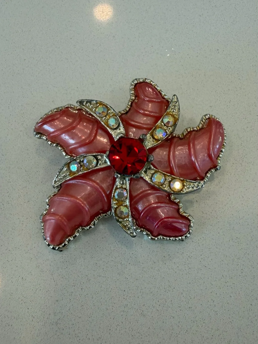 Vintage Pink Molded Glass Flower Rhinestone Brooch